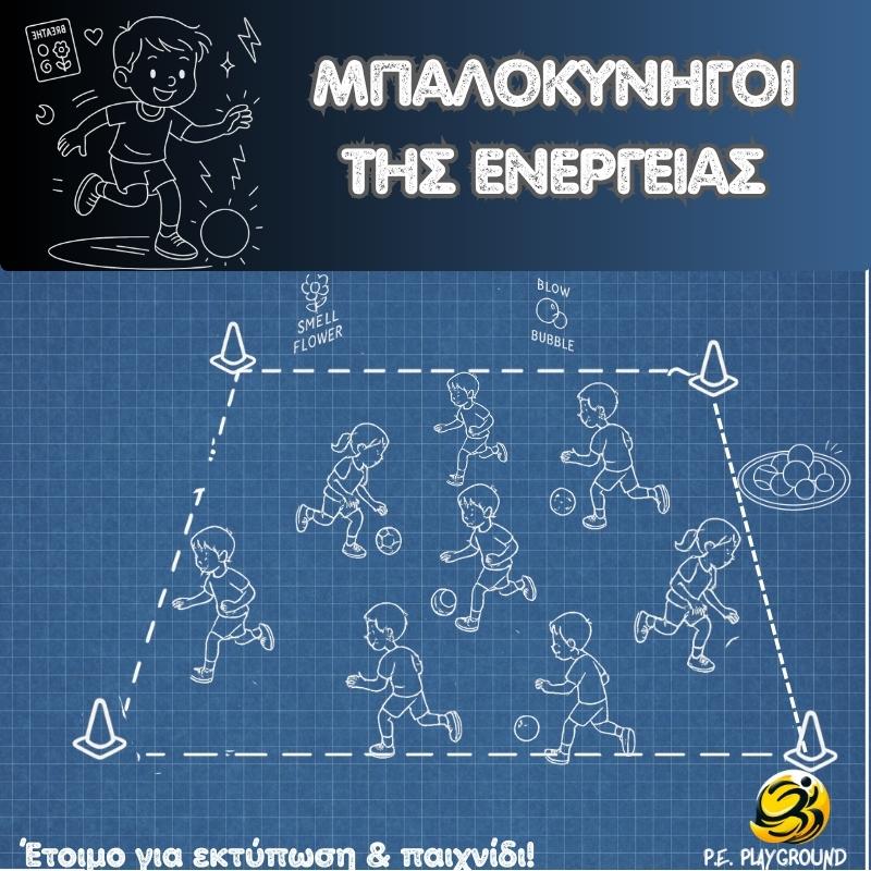 Children playing a ball tag game where “Energy Hunters” tag others with a low kick while players use breathing and positive self-talk to reset.