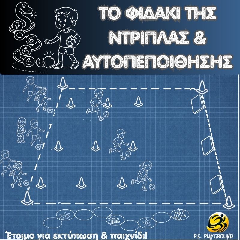 Illustrated P.E. game setup with cones, hoops, and team pawns forming a “snake” path; children kick balls and breathe deeply as part of a social-emotional activity.