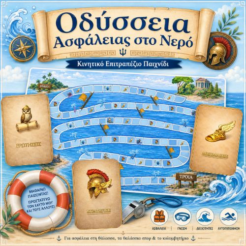 Printable movement-based board game about water safety, inspired by the Odyssey, with a journey from Troy to Ithaca.