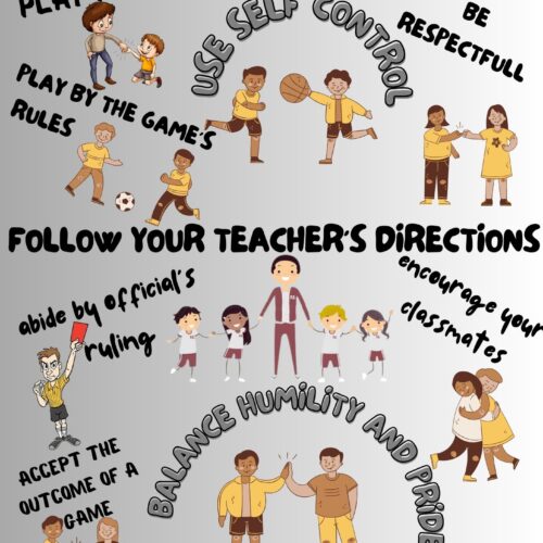 Illustrated P.E. sportsmanship poster showing kids demonstrating respect, fairness, and teamwork during physical activities.