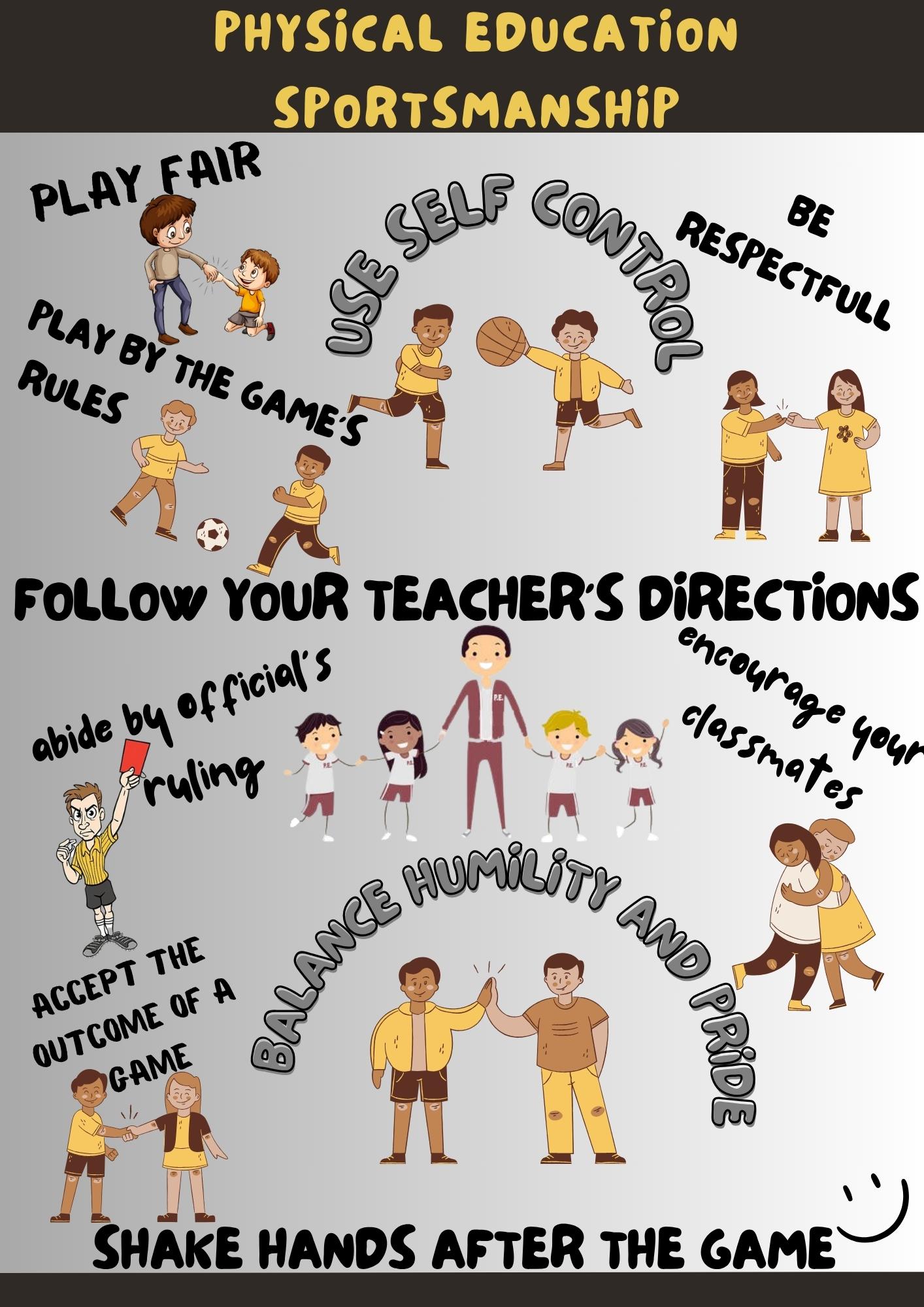 Illustrated P.E. sportsmanship poster showing kids demonstrating respect, fairness, and teamwork during physical activities.