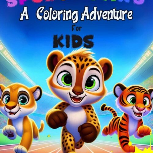 Cover of Sporty Paws Coloring Book featuring animal characters in Olympic sports.