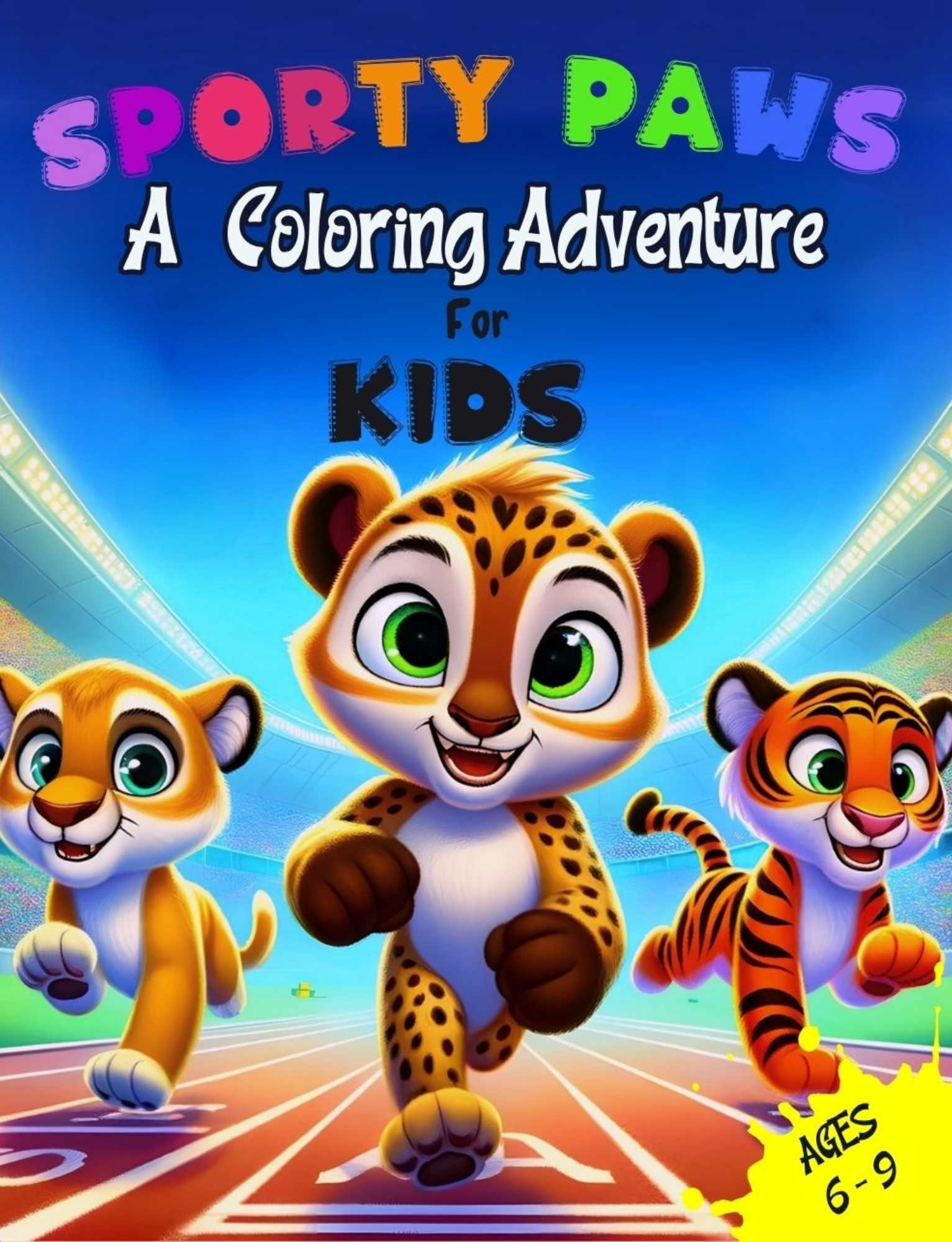 Cover of Sporty Paws Coloring Book featuring animal characters in Olympic sports.