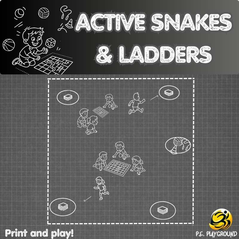 Children’s board game based on Snakes and Ladders with physical activity challenges – printable, movement-based learning tool for kids