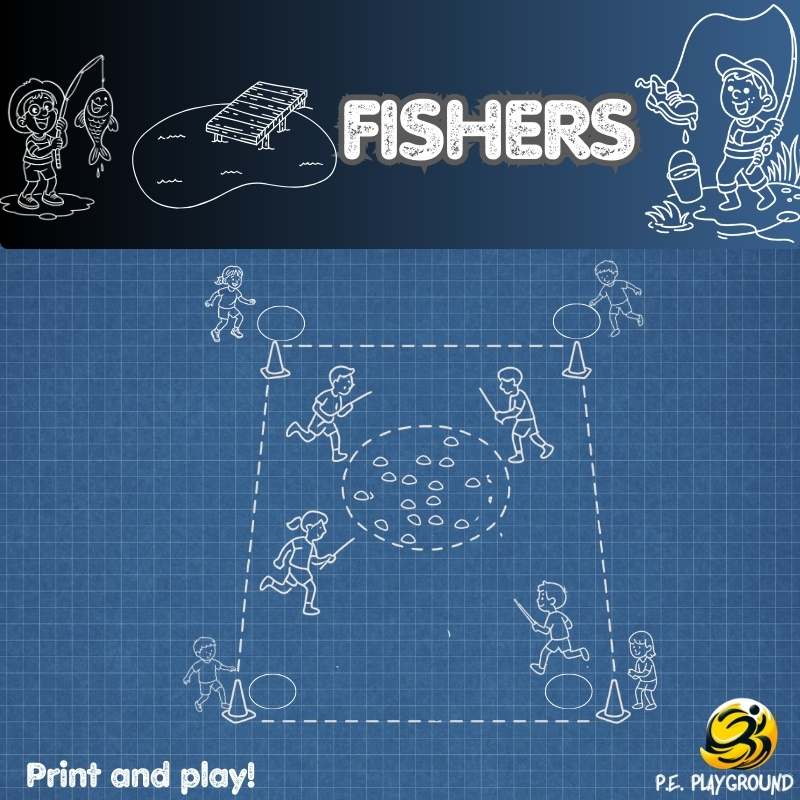 A playful P.E. game setup where students use rods to “fish” colorful items in a gym or outdoor space.