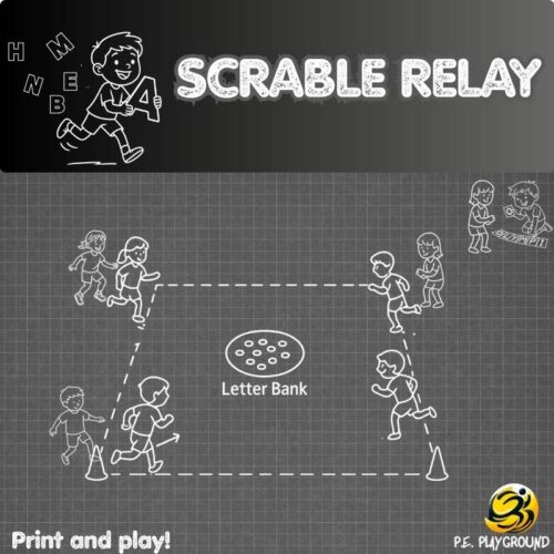 Printable Scrable Relay game for P.E. – Students run and collect letters to build words in teams.