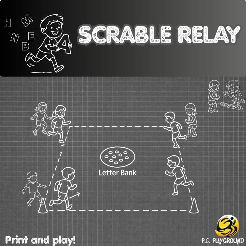 Printable Scrable Relay game for P.E. – Students run and collect letters to build words in teams.