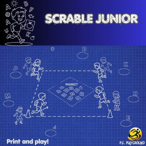 Illustrated P.E. game combining letters, pictures, and movement to support early literacy and teamwork for young learners.