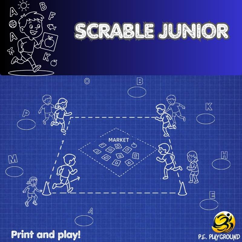 Illustrated P.E. game combining letters, pictures, and movement to support early literacy and teamwork for young learners.