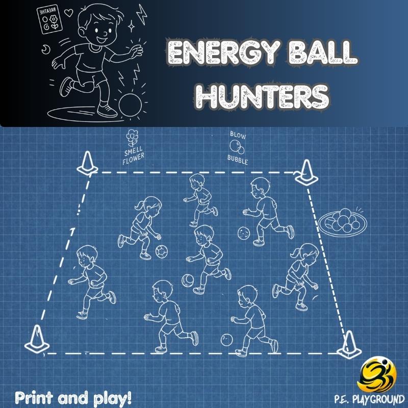 Children playing a ball tag game where “Energy Hunters” tag others with a low kick while players use breathing and positive self-talk to reset.