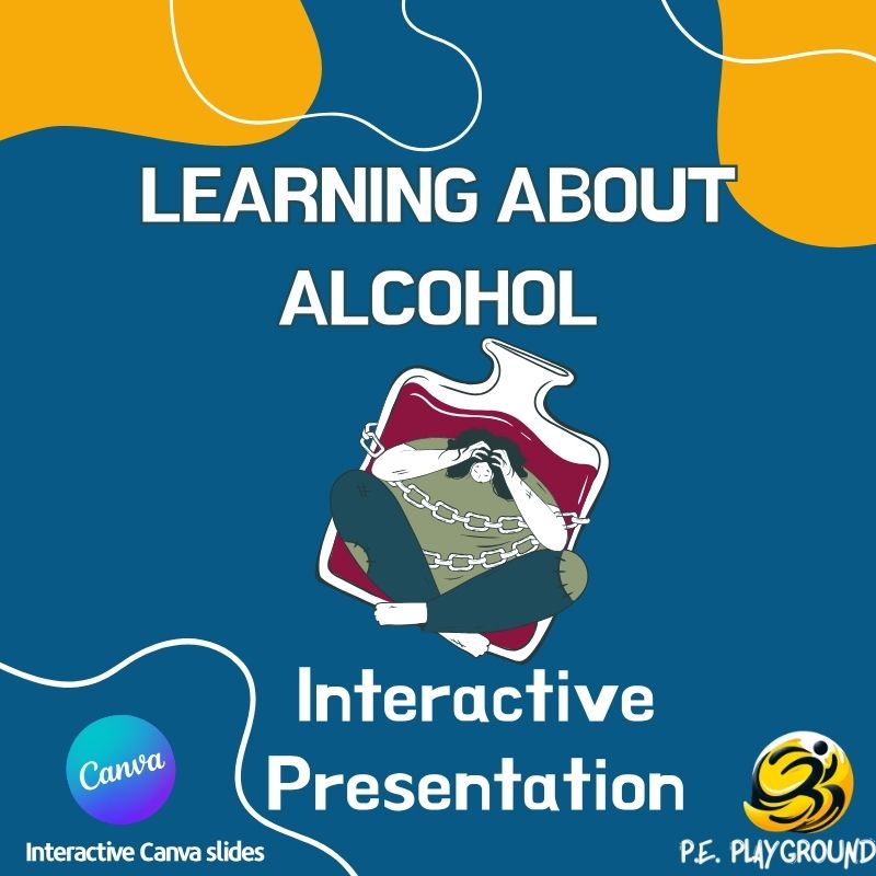 Interactive “Learning about Alcohol” Canva slides for kids, showing brain/body effects, choices, and quiz prompts.