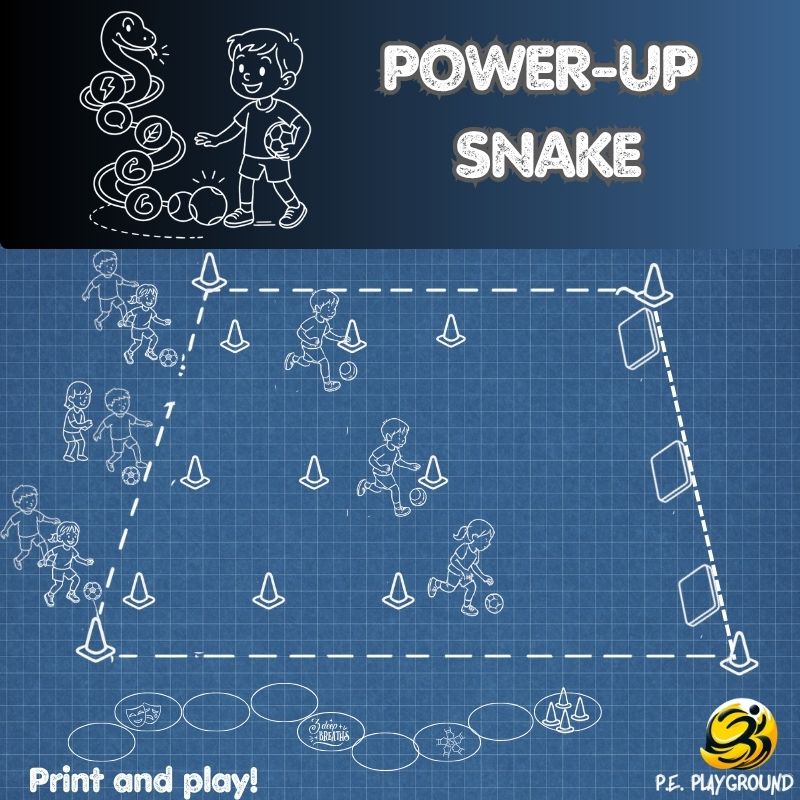 Illustrated P.E. game setup with cones, hoops, and team pawns forming a “snake” path; children kick balls and breathe deeply as part of a social-emotional activity.