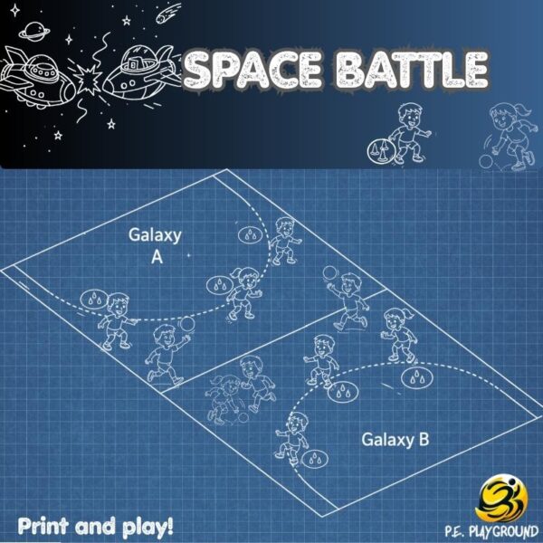 Team game with hoops and cones as spaceships – students throwing balls and freezing opponents in a galactic-themed P.E. activity.
