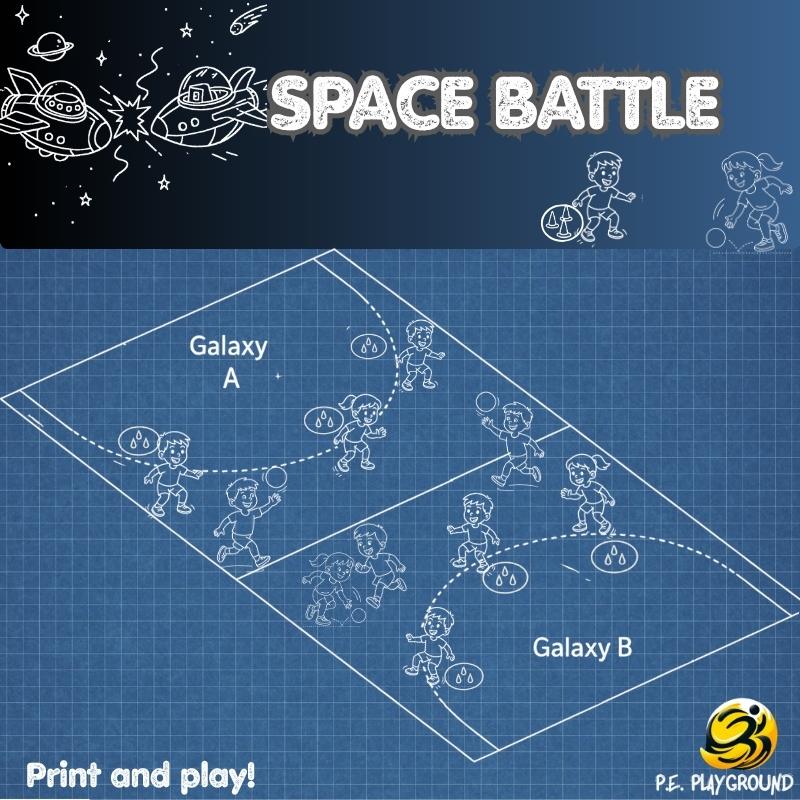 Team game with hoops and cones as spaceships – students throwing balls and freezing opponents in a galactic-themed P.E. activity.