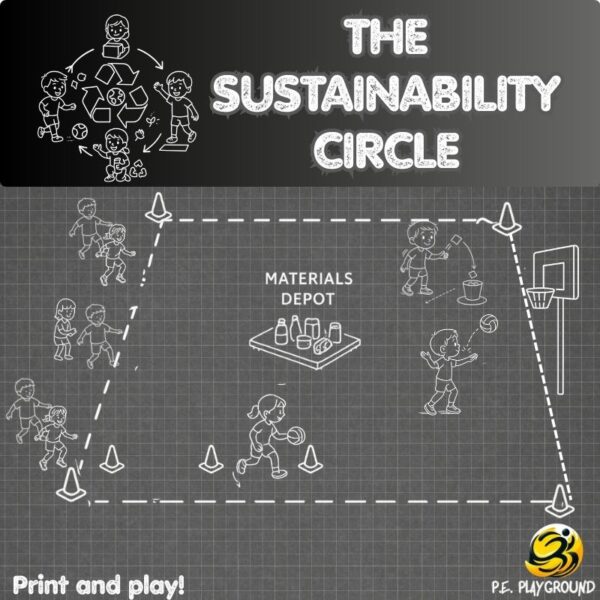 Children’s eco-themed P.E. game with physical challenges and team building using recyclables.