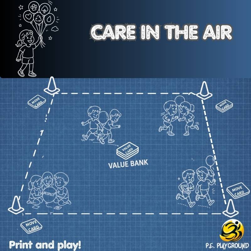 Balloon team game for teaching values like respect, inclusion, and care – students carry balloons and reflect on actions in a fun way.