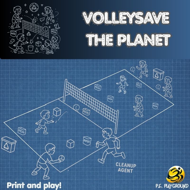 Kids’ volleyball P.E. game where students hit trash targets and recycle items to “save the planet”.