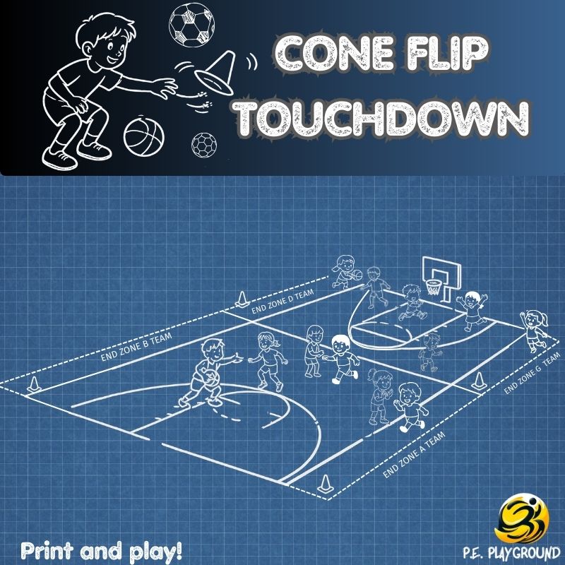 Blueprint-style cover for “Cone Flip Touchdown” end-zone passing game (no shooting) with cone-flip extra point.