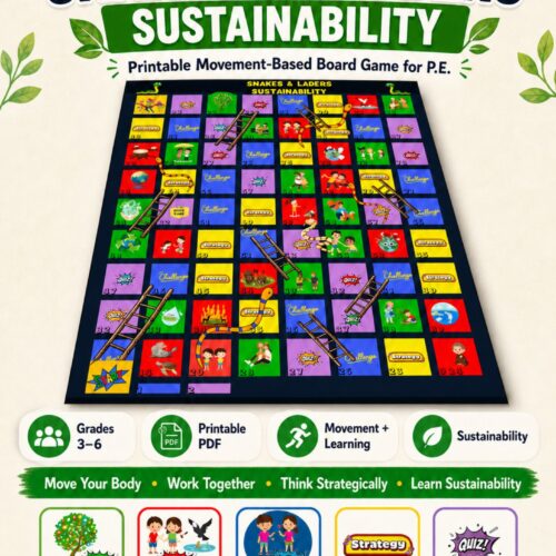 EN_SNAKES & LADdERS - sustainability Printable Active Snakes and Ladders Sustainability board game for Physical Education with movement challenges, strategy cards, quiz questions, and teamwork activities for Grades 3–6.