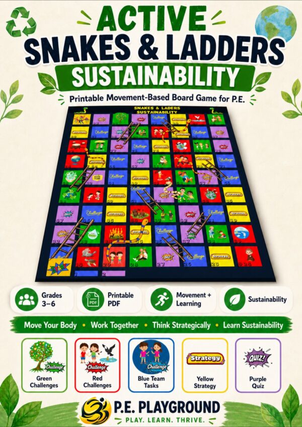 EN_SNAKES & LADdERS - sustainability Printable Active Snakes and Ladders Sustainability board game for Physical Education with movement challenges, strategy cards, quiz questions, and teamwork activities for Grades 3–6.