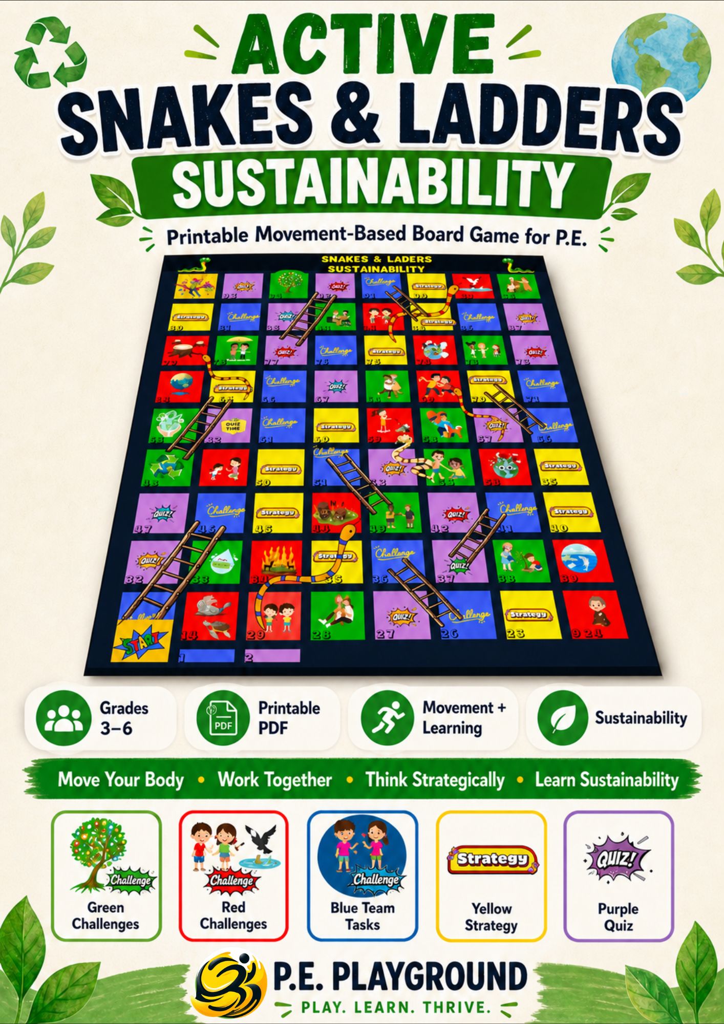 Printable Active Snakes and Ladders Sustainability board game for Physical Education with movement challenges, strategy cards, quiz questions, and teamwork activities for Grades 3–6.