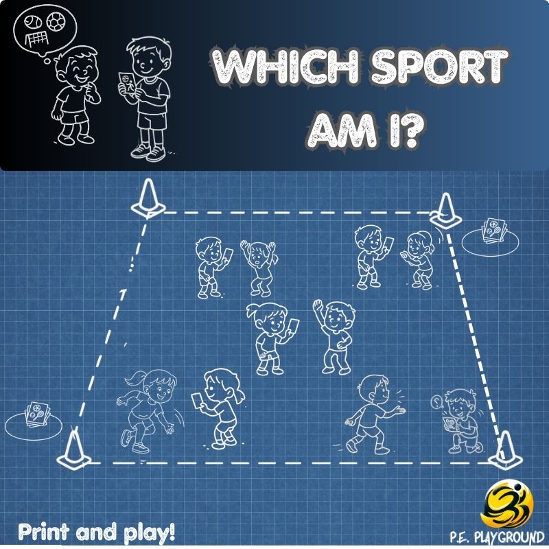 Which Sport Am I movement-based P.E. game poster with students guessing sports through clues and mime
