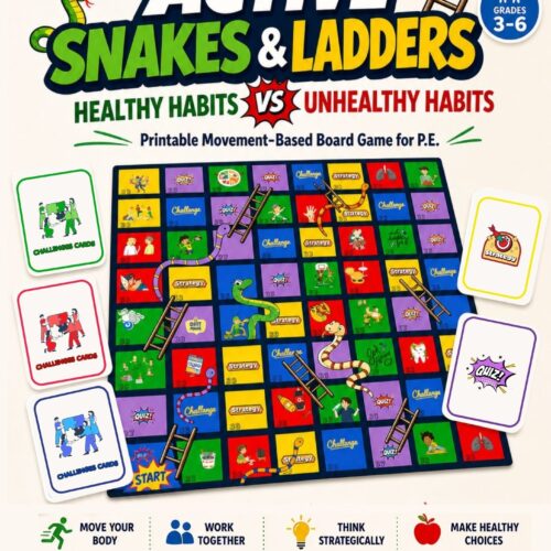 SNAKES & LADdERS Healthy Habits vs Unhealthy Habits (1) Colorful printable Active Snakes and Ladders board game for Physical Education with healthy habits challenges, quiz cards, strategy cards, and movement tasks for Grades 3–6.
