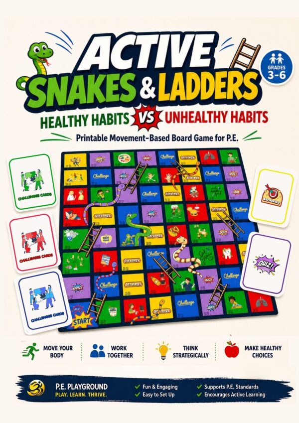 SNAKES & LADdERS Healthy Habits vs Unhealthy Habits (1) Colorful printable Active Snakes and Ladders board game for Physical Education with healthy habits challenges, quiz cards, strategy cards, and movement tasks for Grades 3–6.