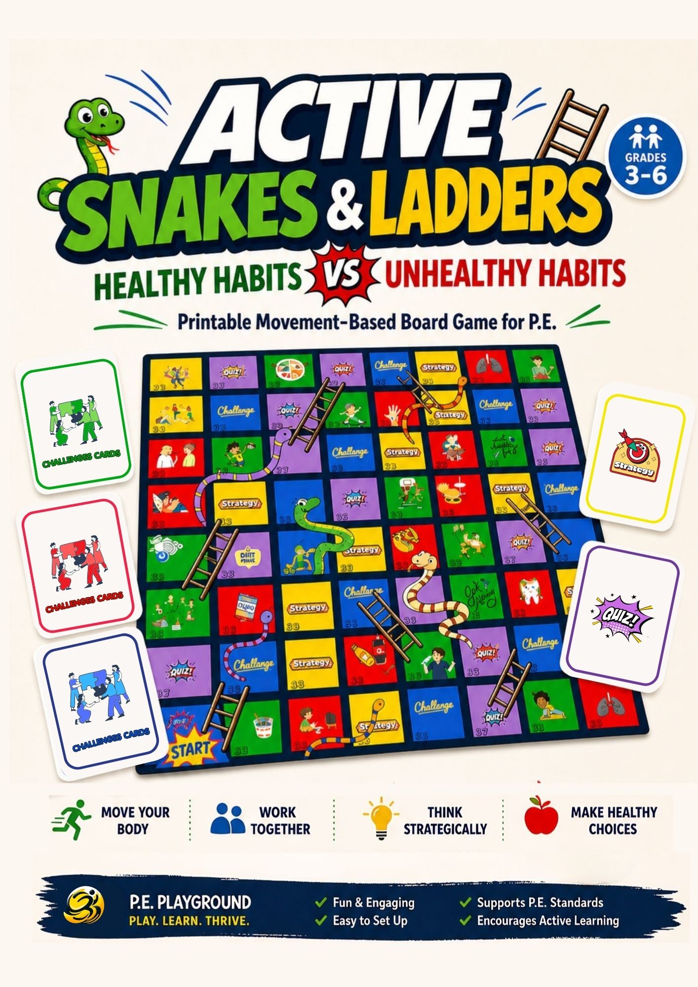Colorful printable Active Snakes and Ladders board game for Physical Education with healthy habits challenges, quiz cards, strategy cards, and movement tasks for Grades 3–6.
