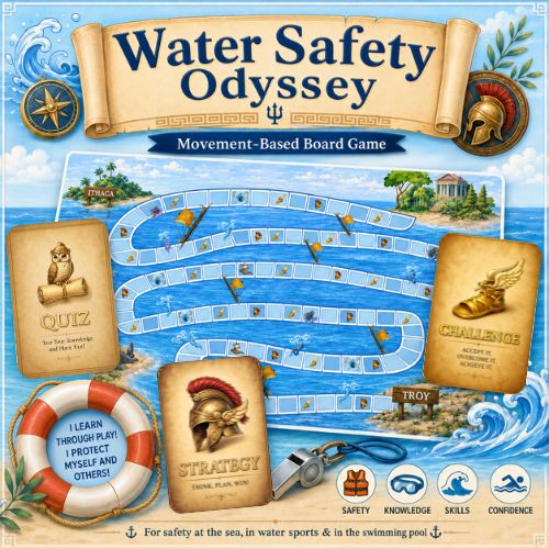 Printable movement-based board game about water safety, inspired by the Odyssey, with a journey from Troy to Ithaca.